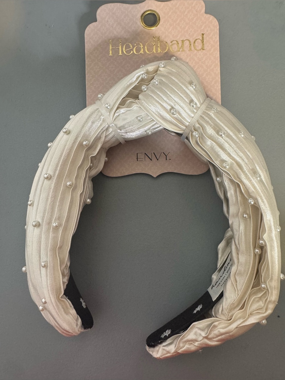 envy Ivory Pearl-Studded Knotted satin Headband luxury padded handmade